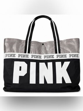 Victoria’s Secret PINK Y2K Large Tote Bag Black Silver Glitter Beach Gym Travel